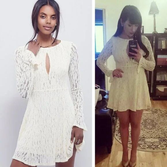 FREE PEOPLE Teen Witch Lace Keyhole Cut Out Skater Fit & Flare Mini Dress L - Picture 6 of 15
